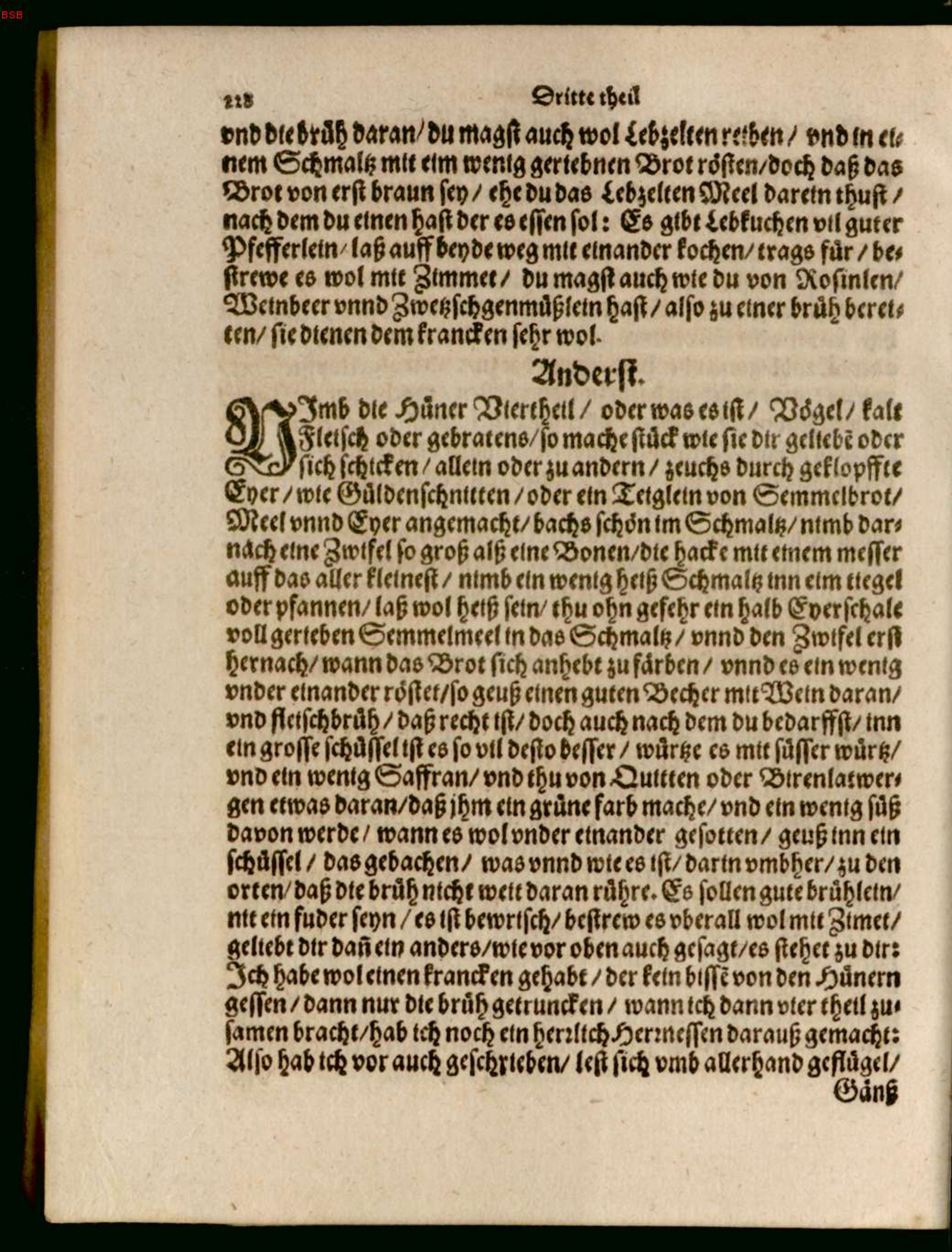Gebackene Hühnerviertel in Latwergenbrühe, Geflügelreste mit Zwiebeln – Originalseite aus Ein köstlich new Kochbuch