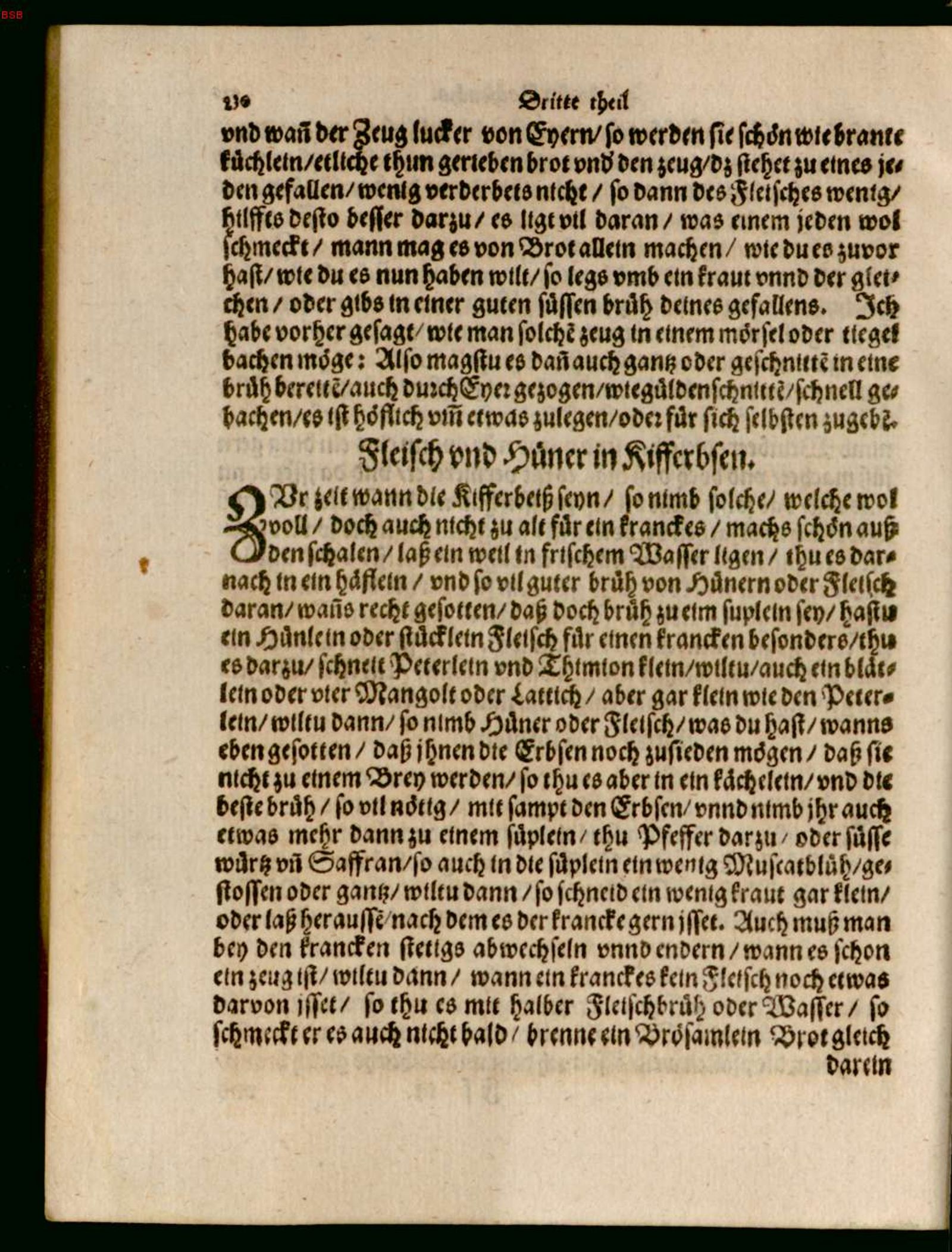 Frische Erbsen mit Huhn oder Fleisch, für Kranke – Originalseite aus Ein köstlich new Kochbuch