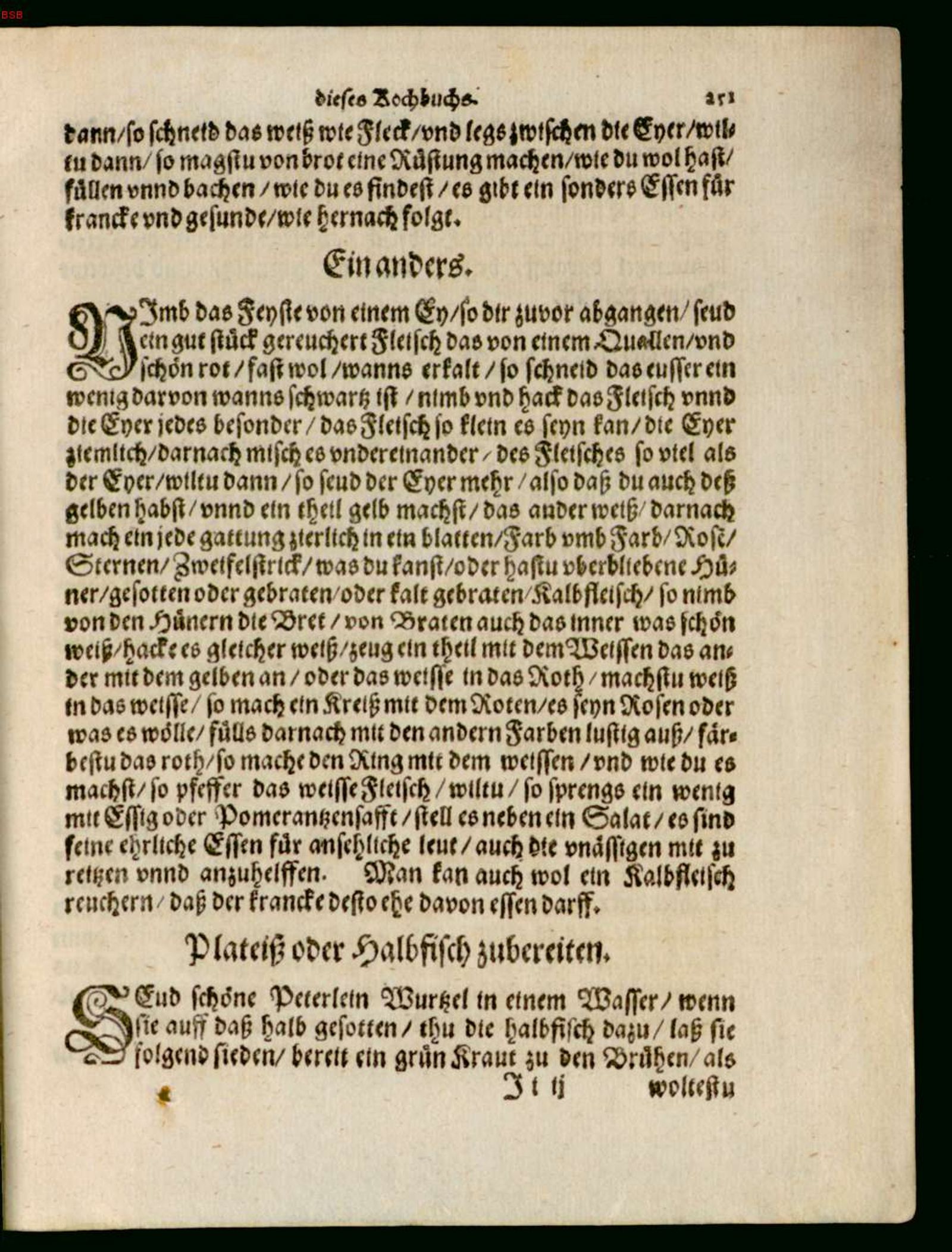 Plattfisch auf grünem Kraut mit Petersilienwurzel – Originalseite aus Ein köstlich new Kochbuch
