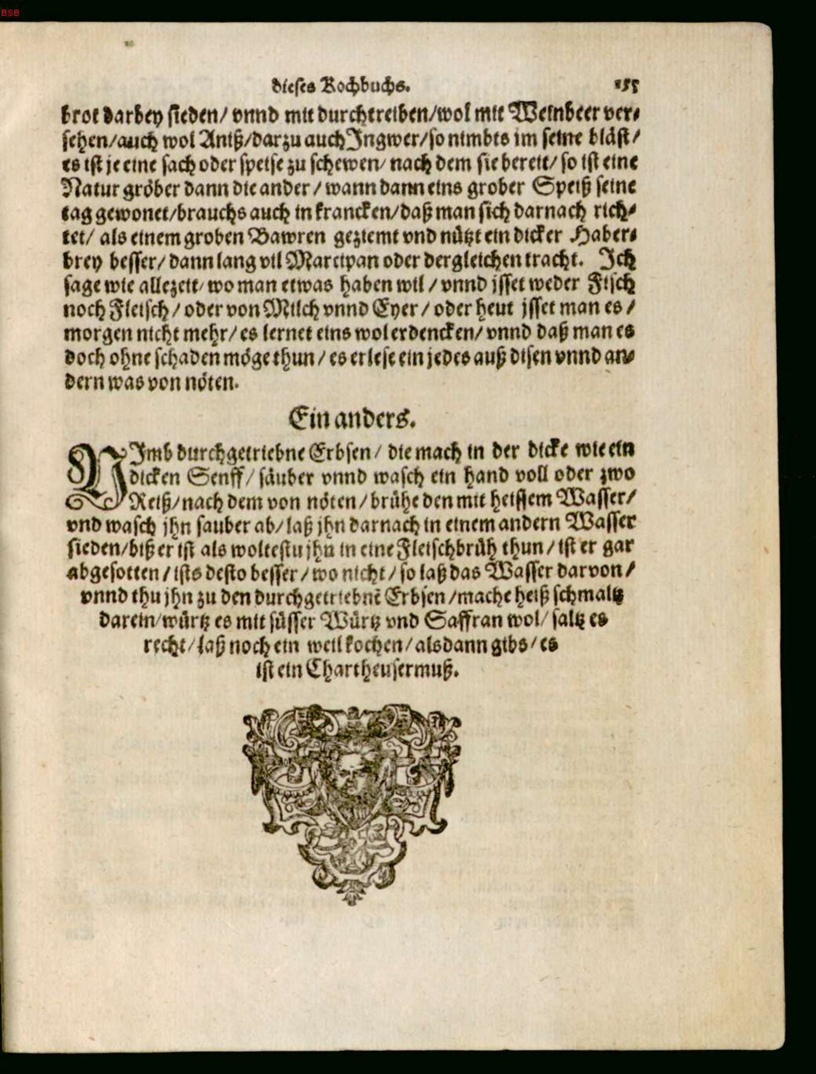 Erbsenmus mit Reis (Kartäusermus) – Originalseite aus Ein köstlich new Kochbuch